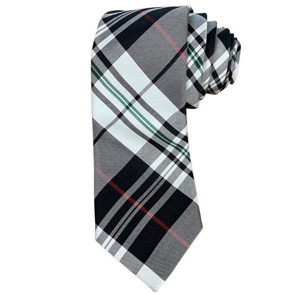 Ben Sherman Mens Hand Made 100% Silk Plaid Black Red Green Thin Neck Tie 2.75"